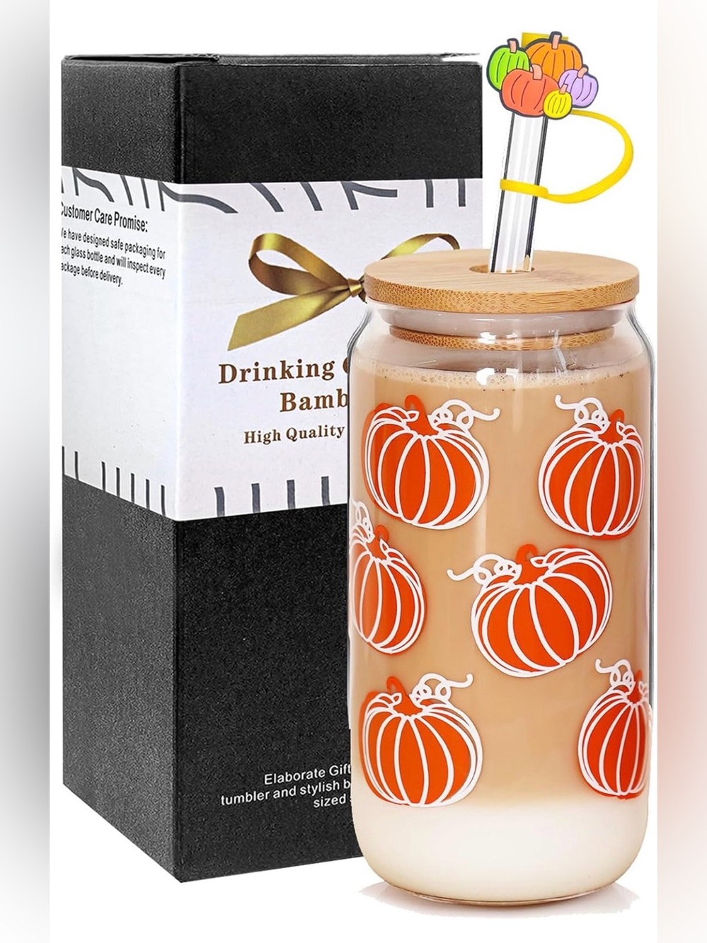 Autumn Pumpkin Glass Drinking Jar with Bamboo Lid & Straw